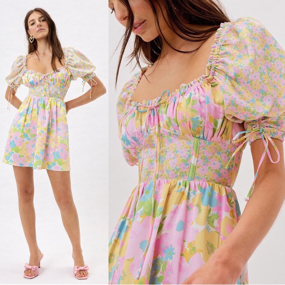 For Love & Lemons NWT Emily Puff Sleeve Mini Corset Detail Dress Pastel Floral